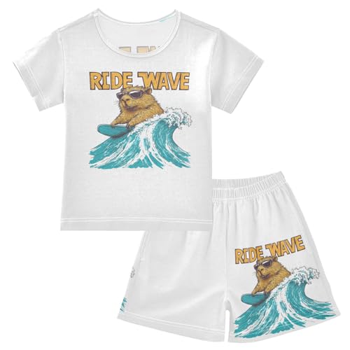 Surfing Beaver Ocean Turquoise Pajama Set Short Sleeve PJS 2 Piece Summer Pajamas Shorts Sets Cotton 5Y