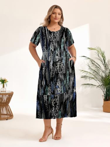 Image of LARACE Plus Size Dresses for Women Summer Maxi Casual Dress with Pockets | plus size summer dresses women, soft rayon, flowy maxi, short sleeve, pockets, flattering & covers belly, beach wear, L-6XL