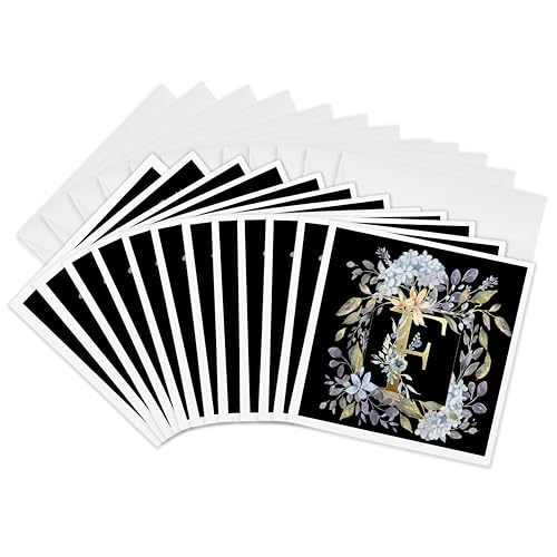 Lot de 12 cartes de vœux monogramme F 3dRose hortensia bleu aquarelle 15x15cm