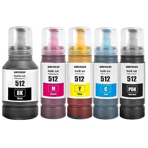 Compatible Refill Ink Bottles 512 T512 Compatible with Epson 512 T512 T512020 T512120 T512220 T512320 T512420 work with Expression EcoTank ET-7700 ET-7750(5-Pack,Black/Photo Black/Cyan/Magenta/Yellow)