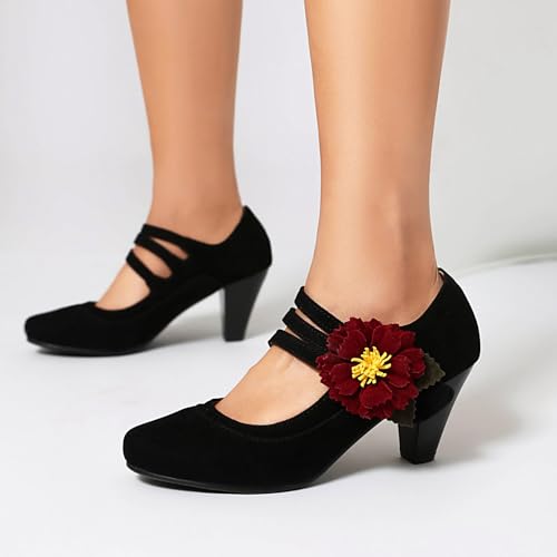 Elerhythm Women's Mary Jane Flower Ankle Strap Vintage Heels 1920s Pumps Closed Round Toe 1950s Victorian Retro Shoes3