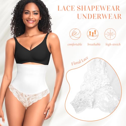 Image of Werena Tummy Control Thong Shapewear for Women Mid High Waisted Body Shaper Underwear Lace Shaping Thong Girdle Panties
