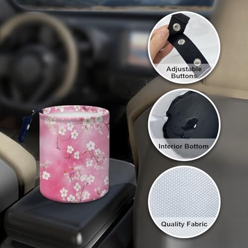Image of Pink Flower Trash Can for Car Garbage Can for Back Seat Leak Proof with Adjustable Buttons Cars Accessories for Women Interior