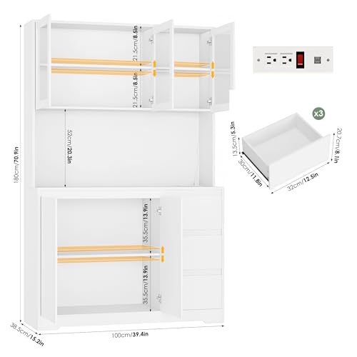 FINETONES 71\" Kitchen Pantry Cabinet with LED Lights and Charging Station, Modern Kitchen Cabinet Hutch Cabinet with Storage and Microwave Stand, Pantry Cabinet Buffet with Countertop, White