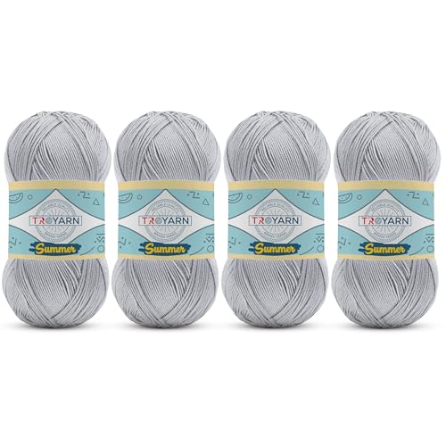 Image of TROYARN Summer (4- Skeins Pack) Silk Effect Hand Knitting Yarn Crochet Art Lace Craft 100% Microfiber Acrylic 4x100 gr (4x383 yds) (105168 - Winter White)