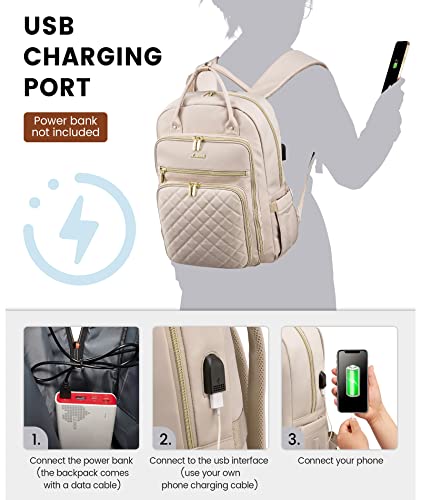 LOVEVOOK Laptop Backpack for Women, 15.6 Inch Computer Backpack for Teacher Nurse with Water Resistant, Lightweight Travel Work Backpack with USB Charging Port, Quilted Commuter Backpack purse, Beige - Image 6