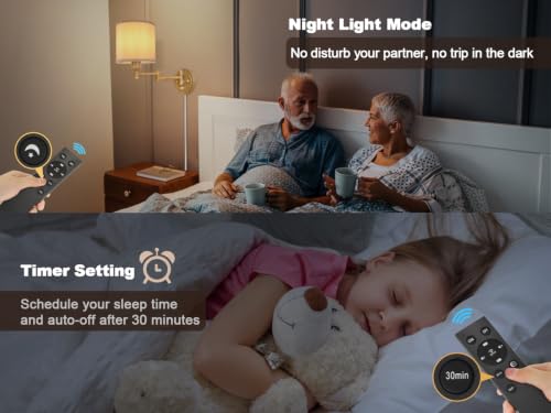 Image of GOODATE Plug in Wall Sconces with Remote Control, Dimming & Adjustable Colors 2700K-6500K, Hardwire or Plug-in, Swing Arm Wall Lamp, Wall Sconces Set of Two, White Fabric Shade, Oak Finish