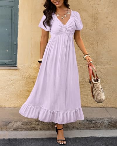 Image of BTFBM Womens Summer Dresses 2026 Casual Short Sleeve V Neck Drawstring Wedding Guest Maxi Dresses Boho Beach Long Dress