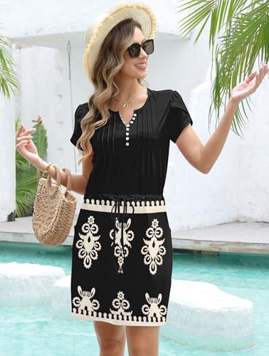 Womens Summer Casual Dresses Short Sleeve Striped Dress Boho Beach Vacation Tie Drawstring Waist Sun Dresses with Pockets2