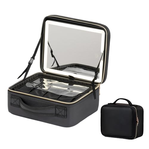 Valigetta Trucchi Con Specchio, Valigetta Porta Trucchi Con LED, Beauty Case Da Viaggio, Portatrucchi Organizzatore, Con Divisori Regolabili, Astuccio Da Viaggio Per Donna, Nero (Color : Noir)