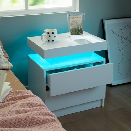 I-Aplus A02-1*2 Nightstand Set Of 2 Led Nightstand With 2 Drawers, Bedside Table With Drawers For Bedroom Furniture, Side Bed Table With Led Light, White thumb #5