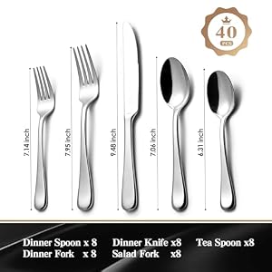 KINGSTONE 40 Pieces Silverware Set for 8, Premium Stainless Steel Flatware Set, Heavy Duty and Modern Design Cutlery Set, Mirror Polished, Dishwasher Safe KINGSTONE 40 Pieces Silverware Set for 8 Premium Stainless Steel Flatware Set Heavy Duty and Modern Design Cutlery Set Mirror Polished Dishwasher Safe