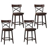 COSTWAY Swivel Bar Stool Set of 4, 24 Inch Ergonomic Counter Height Chairs with Open X Back & Footrest, 4PCS Vintage Wooden Barstools for Kitchen Island, Pub, Bistro, Café, Brown (4, 24 inch)