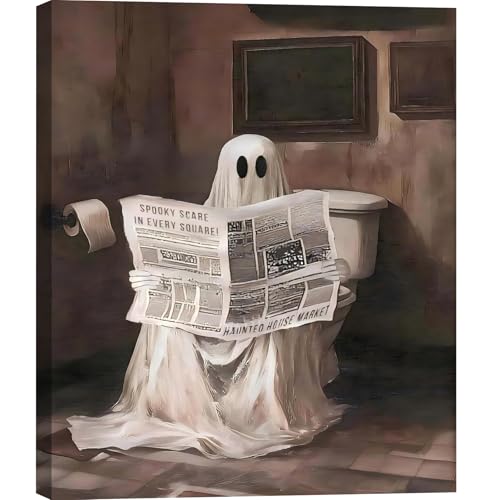 Framed Spooky Halloween Ghost Canvas Wall Art, Ghost Toliet Art