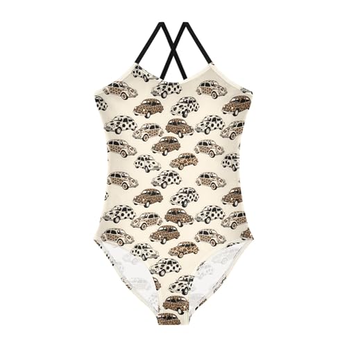 senya Girls Swimsuits One-Piece Swimwear Tie Bathing Suit Beach Summer Round Neck 9-10T Leopard Print Car Pattern