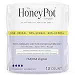 The Honey Pot Company - Sanitary Pads for Women - Non-Herbal Overnight w/Wings - Organic Cotton Cover, & Ultra-Absorbent Pulp Core - Feminine Care - FSA & HSA Eligible - 12 ct