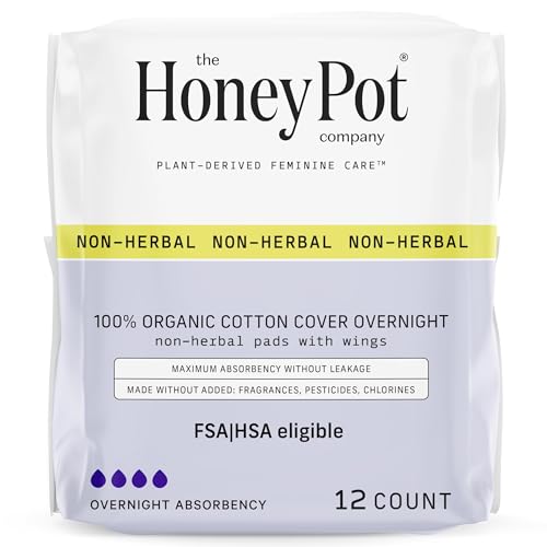 The Honey Pot Company - Sanitary Pads for Women - Non-Herbal Overnight w/Wings - Organic Cotton Cover, & Ultra-Absorbent Pulp Core - Feminine Care - FSA & HSA Eligible - 12 ct