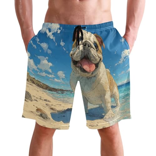 Men's Swim Trunks Quick Dry Swimming Shorts with Pocket Beach Bulldog Happy Scene Swimsuit Trunks - Main Image