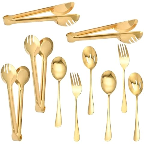 Worldity 10 Pieces Stainless Steel Serving Utensils Large Serving Spoon, Gold Serving Utensils Set for Home, Restaurant, Party, Dishwasher Safe Cover