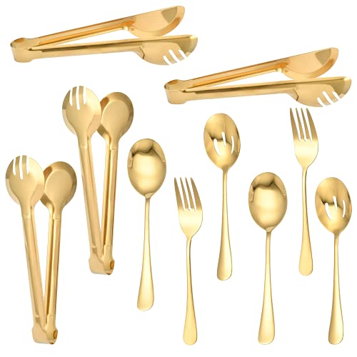 10 Pieces Stainless Steel Flatware Serving Utensils: Large Spoon Set, Multipurpose, Gold, Dishwasher Safe