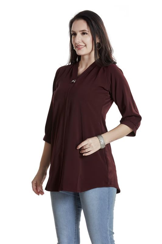 Image of nioni Women's Purple Poly Linen Blend Tunic Top with 3 /4 Sleeves, Printed Yoke, Kantha Stitch Detailing & Mandarin Collar