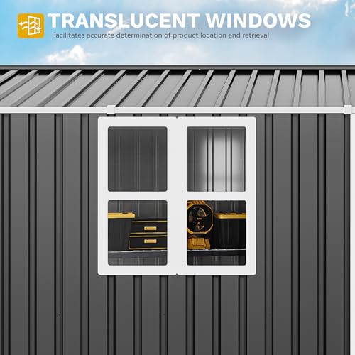 Image of DWVO 12x8ft Metal Outdoor Storage Shed with Window, Lockable Tool Storage Sheds, Oversized Steel Garden Sheds with Sloped Roof for Backyard, Patio, Garage, Lawn, Gray & White