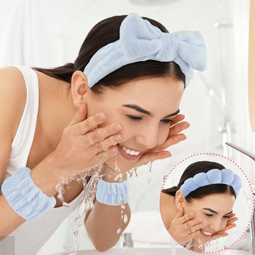YUXIANLB Spa Headband for Washing Face Skincare Headbands for Women Makeup Terry Cloth Towel Hairband for Skincare Sponge Puffy Make Up Hair Band for Women Face Washing Wristband Pack of 4 (Blue) - Image 4