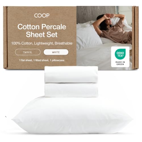 Image of Coop Home Goods Cotton Percale Bed Sheet Set Twin XL, White, Crisp 100% Cotton Sheets for Hot Sleepers, Breathable Deep Pocket Queen Sheets and Pillowcase Set, Oeko-TEX Certified