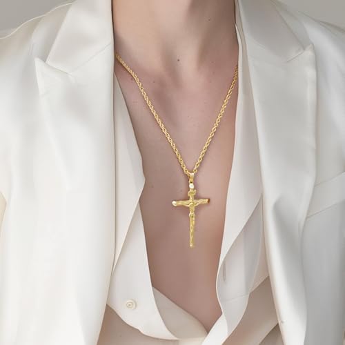 14K Gold Cross Necklace for Women for Men Jesus On Cross Crucifix Necklace Men & Women Faith Jewelry Presents 54.5mm 20/22/24in4