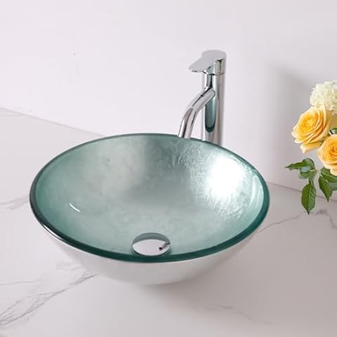 Sarlai Bathroom Vessel Sink Round Artistic Vessel Sink Tempered Glass Vanity Round Bowl With Pop-up Drain 15-9/16 x 15-9/16 Inch Sink Countertop Basin Cover