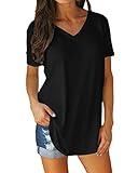 Tincini Tshirt Damen Sommer Kurzarm Shirts Oberteile Casual Tunika Tops V-Ausschnitt Einfarbige Lose Basic Tops Beiläufig Baumwolle Bluse (E Schwarz, M)