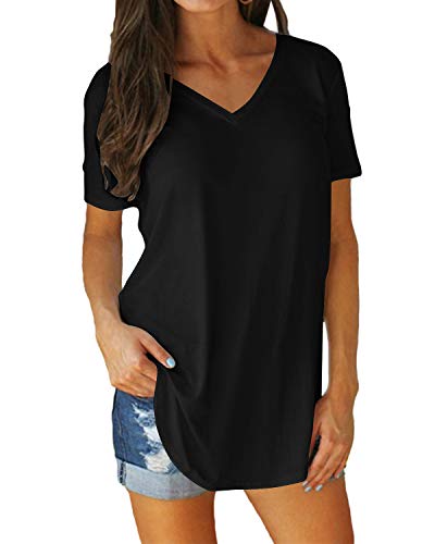 Tshirt Damen Sommer Kurzarm Shirts Oberteile Casual Tunika Tops V-Ausschnitt Einfarbige Lose Basic Tops Beiläufig Baumwolle Bluse (E Schwarz, XL) Cover