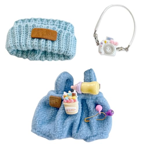Accessoires de poupée 17 cm : ensemble bleu avec salopette en tricot et appareil photo miniature