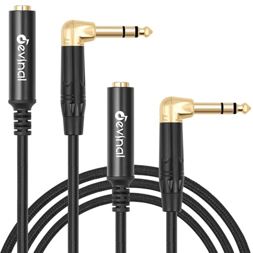 Image of Devinal Right Angle 1/4 Inch TRS Male to 1/4 Inch TRS Female Cable, 6.35mm Stereo Headphone Guitar Extension Cord Adapter 3.3 FT 2 pcs