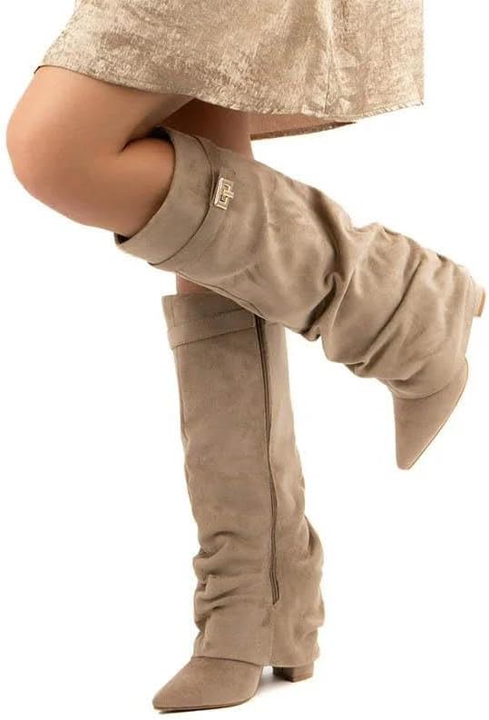 Women Metal Buckle Knee High Boots Pointed Toe Solid Heel Long Fashion Elegant Shoes