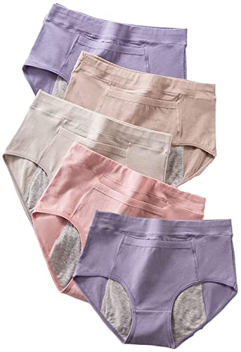 QMZDXH Menstruation Slip Damen Baumwolle Auslaufsicher Hohe Taille Menstruation Slip Mit Tasche 5Er Pack Atmungsaktiv, Auslaufsicher, Waschbar, Bequem Für Menstruationszyklus Postpartum Schützende XL Cover
