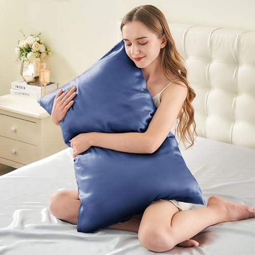 Image of INFIIXSO Silk Pillow Cases 2 Pack Standard Size, Ultra Smooth & Soft Mulberry Silk Pillow Case for Hair and Skin, Breathable Cooling Silk Pillowcase with Hidden Zipper (Navy, 20x26 Inches)