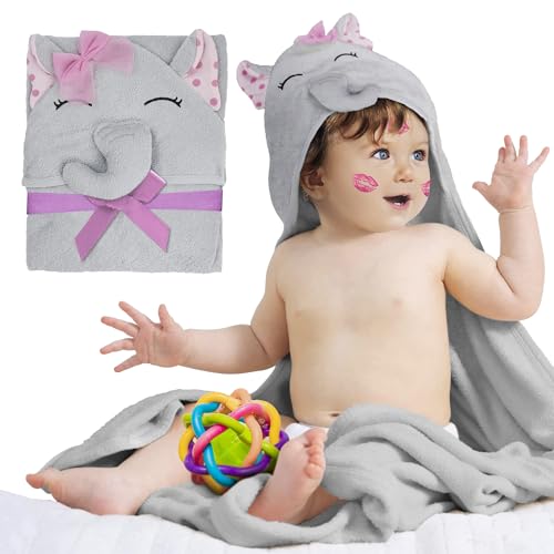 Image of PUREVACY Hooded Baby Towels 33 x 33 Inch. Pink Terry Cotton Bath Towels Hooded with Elephant Face and Ears. Hooded Towels for Baby. Soft Toddler Towels for Boy, Girl. Absorbent Hooded Towel
