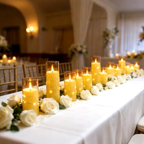 Image of kakoya Flameless LED Candles with Timer 24 Pc Flickering Flameless Candles for Romantic Ambiance and Home Decoration Stable Acrylic Shell,with Embedded Star String,Battery Operated Candles(Gold)