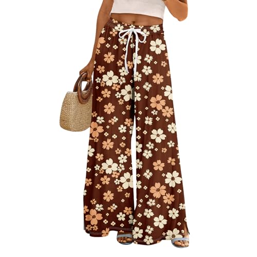 Womens High Waisted Floral Boho Wide Leg Pants Flowy Casual Palazzo Pant Summer Loose Trousers Cruise Outfits