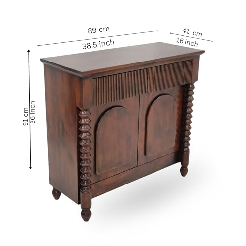 Image of Gharaana Kanak Wooden Console Table, Brown, with Spindle Legs and Arched Doors, 89 x 41 x 91 cm