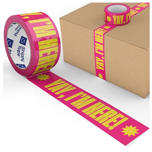Cool Decorative Packing Tape for Small Business, Cute Designer Printed Packaging and Shipping Tape, Yay I'm Here!, Neon Pink Yellow, 1.88