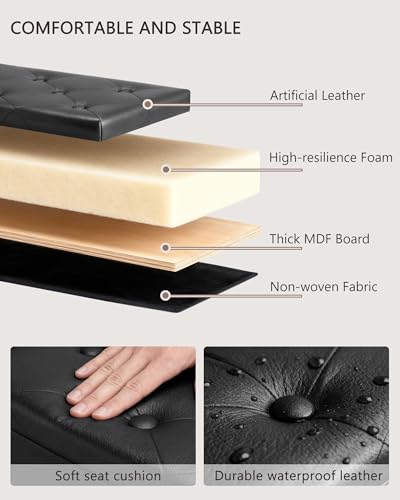 GLAXYFUR Storage Ottoman Bench, 43 Inches Folding Ottoman with 2 Dividers, PU Leather Foot Rest, End of Bed Bench, Storage Chest for Living Room, Bedroom and Entryway, Black — view 5