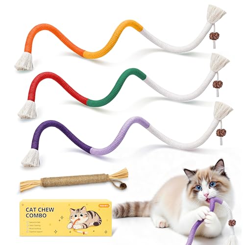 MAXTOOA Cat Toys for Indoor Cats Chew Ropes 3Pcs & Silvervine Stick 1Pcs with Gall Fruit Refillable Catnip Interactive Kitten Toys & Teething Toys Safe Teeth Cleaning for All Breeds (19.5 Inches)