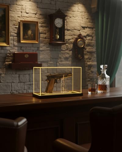 Image of Premium Acrylic Pistol Display Case with Amber Yellow LED Light, Solid Wood Base & Built-in Stand | UV Resistant Pistol Display Box for Gun Collector, Fits Most Pistols - 12 inch x 5.3 inch x 7.5 inch