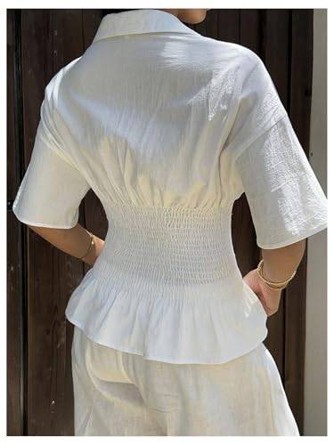 Milumia Women's Collar Button Down Short Sleeve Peplum Blouse Smocked Cinched Waist Top3