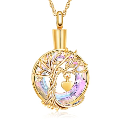 AIWENXI Tree of Life Cremation Urn Ashes Necklace for Women Men Circle of Life Cremation Crystals Ash Pendant Loved One Memorial Jewellery