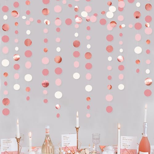 46Ft Or Rose Rétro Rose et Blanc à Pois Papier Guirlande Bannière Décoration de Fête Poussiéreux Cercle Points Streamer à Suspendre pour Fille...