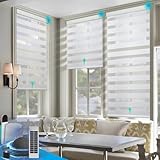 DENFOON Motorized Zebra Blinds, Solar Powered Dual Layer Automatic Shades with Remote Control, Rechargeable Smart Blinds Horizontal Wireless Electric Shades for Windows, Custom Size, White， 34 x 72