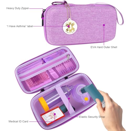 Image of MGZNMTY Travel Carrying Case Compatible with Asthma Inhaler Spacer for Adults and Children, Masks, Inhaler Holder with Asthma Alert Tag and Medical Card, Carabiner (Only Case) (Purple)
